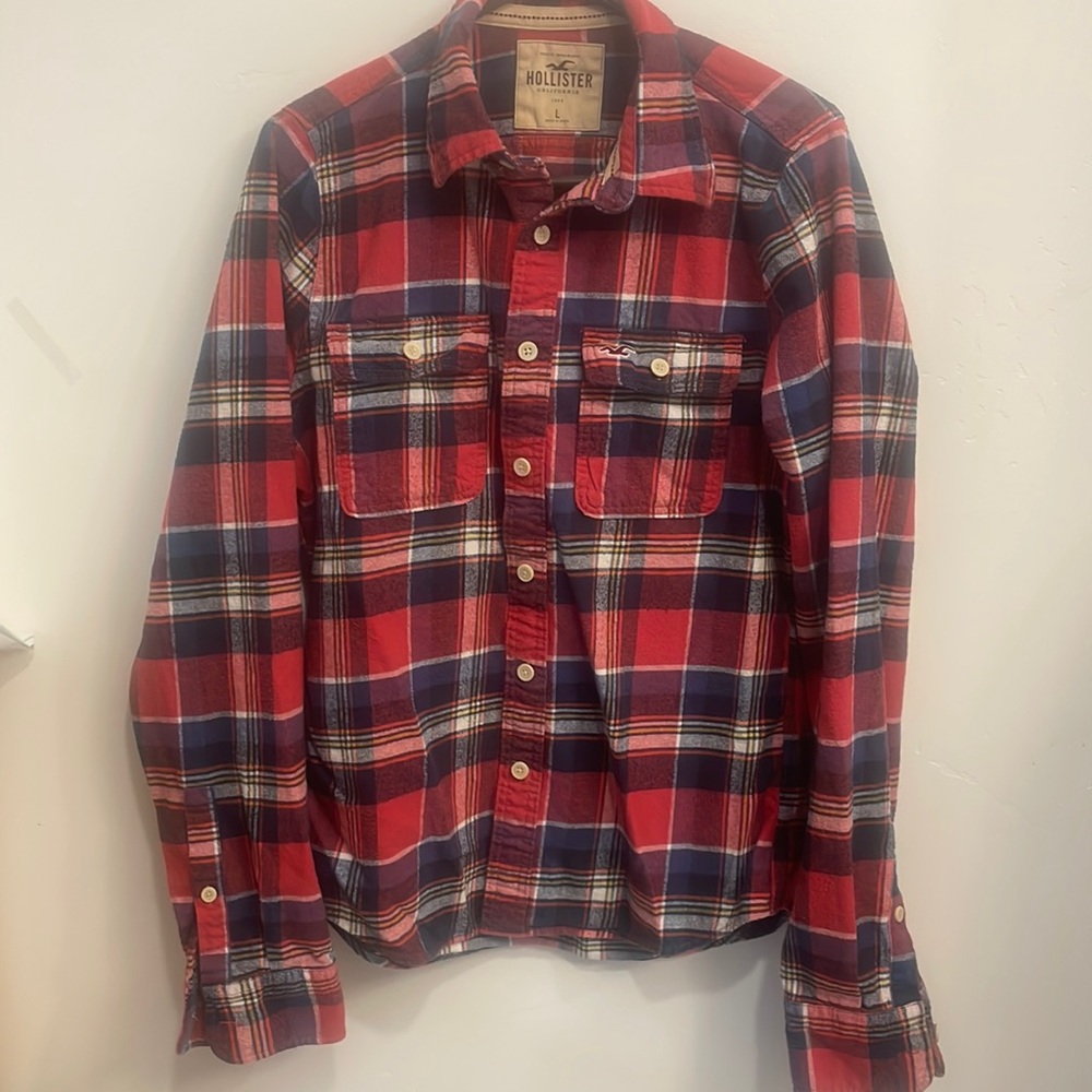 Hollister Mens Shirt Large‎ Red Blue Button Up Plaid Flannel Pockets Western L/S